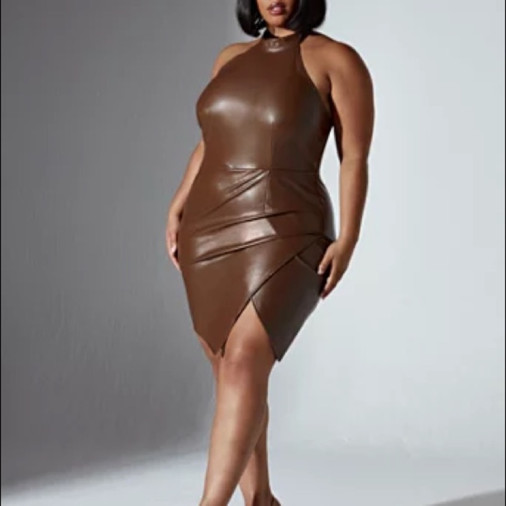 NWT FTF Nicole Faux leather mock neck halter dress